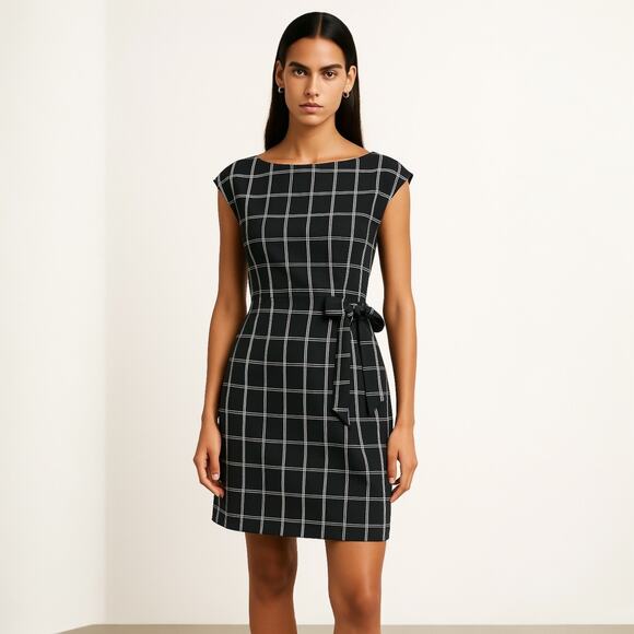 Ann Taylor LOFT Women Black White Plaid Cap Sleeve Tie Mini Sheath Dress Size 4 - Picture 1 of 6
